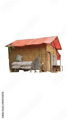Wallpaper Mural A transparent-backed rural bamboo house with a red plastic or tarpaulin roof, storage sacks, and a simple rural layout. Perfect for village life, traditional housing, agriculture, and rural documentat Torontodigital.ca
