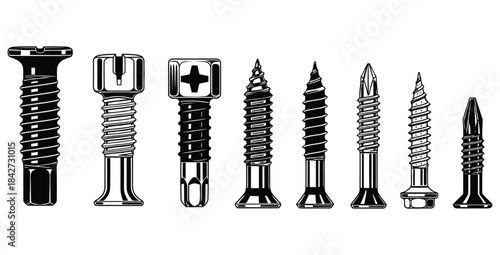 Collection of various black and white hardware fasteners including wood screws and bolts in a row