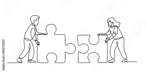 Continuous line art drawing of a man and woman collaborating to put together puzzle pieces Vector, illustration
