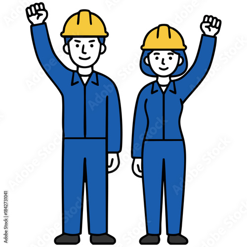 青い作業服とヘルメット姿の男女がガッツポーズで立つイラスト。なめらかな線とにこやかな表情が、希望や成長、チームワークの力を感じさせ、働く現場の前向きな雰囲気を伝えます。