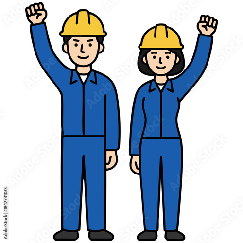 青い作業服とヘルメット姿の男女がガッツポーズで立つイラスト。なめらかな線とにこやかな表情が、希望や成長、チームワークの力を感じさせ、働く現場の前向きな雰囲気を伝えます。