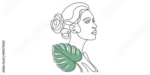 A minimalist continuous line art drawing of a woman's profile with a green leaf Vector, illustration