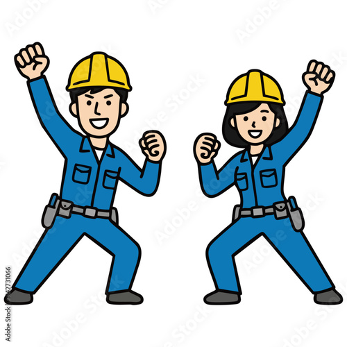 青い作業服とヘルメット姿の男女がガッツポーズで立つイラスト。なめらかな線とにこやかな表情が、希望や成長、チームワークの力を感じさせ、働く現場の前向きな雰囲気を伝えます。