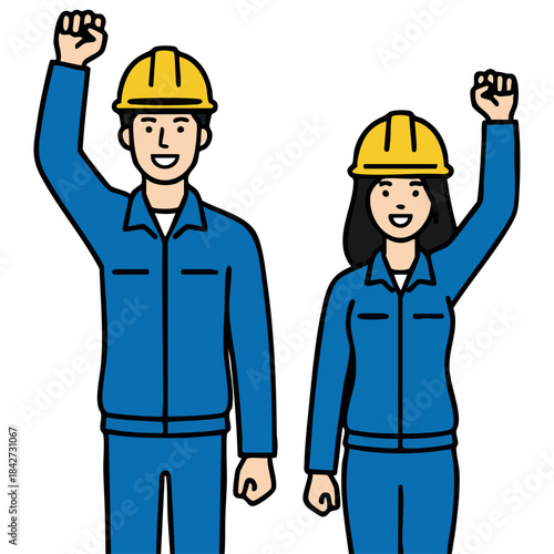 青い作業服とヘルメット姿の男女がガッツポーズで立つイラスト。なめらかな線とにこやかな表情が、希望や成長、チームワークの力を感じさせ、働く現場の前向きな雰囲気を伝えます。