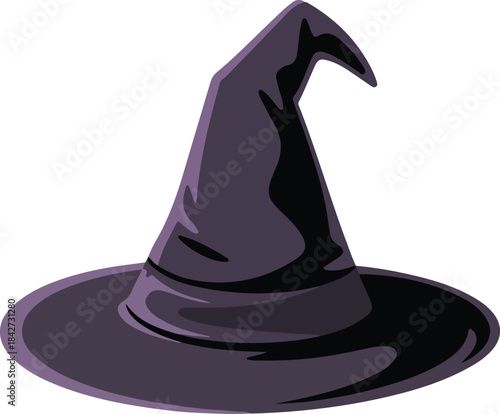 An isolated black Halloween witch hat with a magic broomstick sits on a white background as a classic felt headwear accessory and wizard symbol for retro fashion