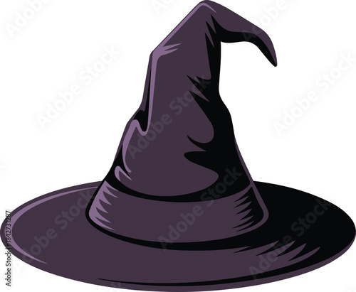 A classic black felt Halloween witch hat with a wide brim and a vintage broom isolated on a white background as a stylish retro headwear accessory
