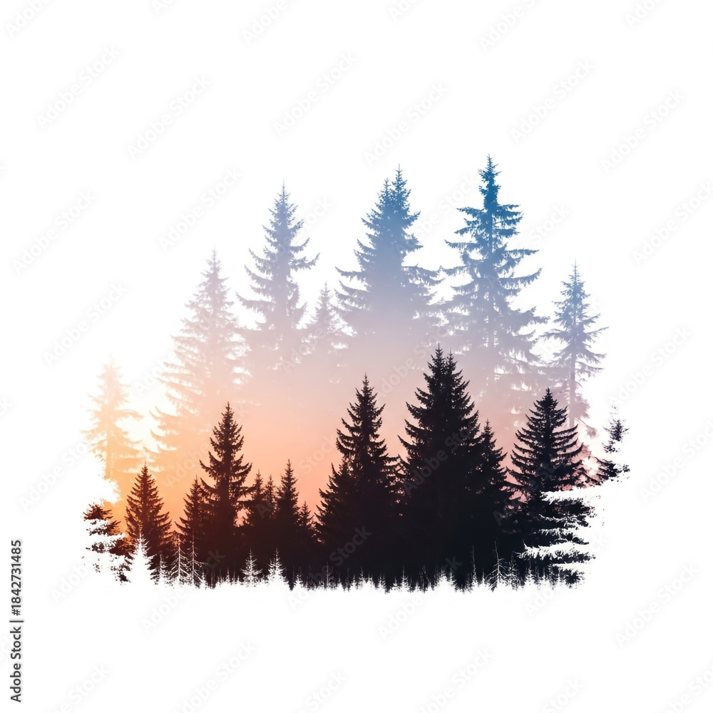 Obraz premium Silhouette of a forest with pine trees isolated on white background at sunset