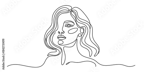Continuous line art portrait of a woman with wavy hair in minimalist black and white style Vector, illustration