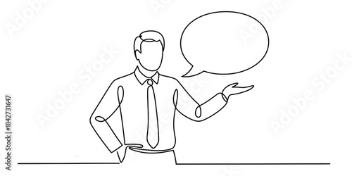 A continuous line drawing of a businessman presenting an idea with a speech bubble Vector, illustration