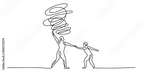 Continuous line drawing of two people holding hands while one manages a large swirling vortex Vector, illustration