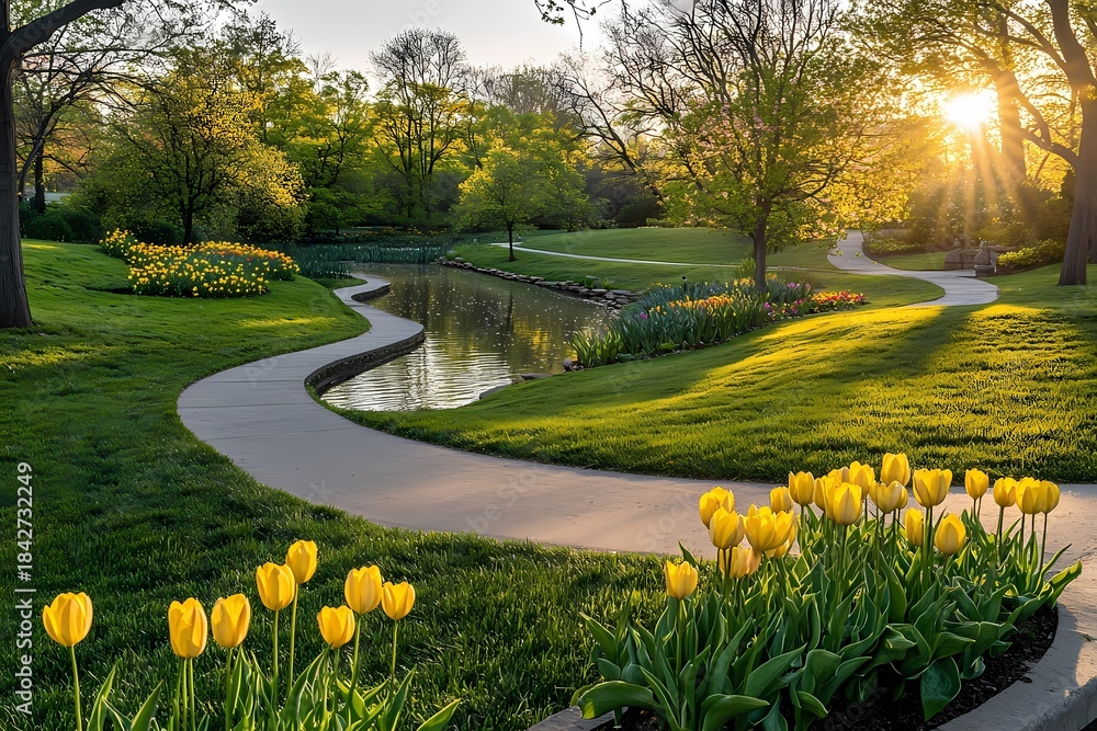 Obraz premium A serene forest scene with a winding stream and lush greenery.