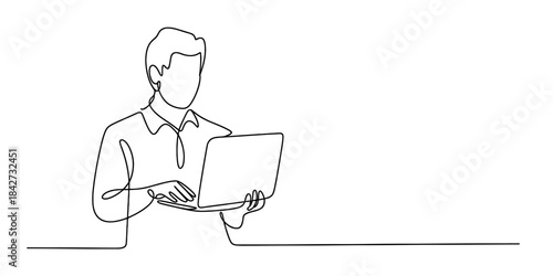Continuous single line drawing of a man standing and working on a laptop computer Vector, illustration