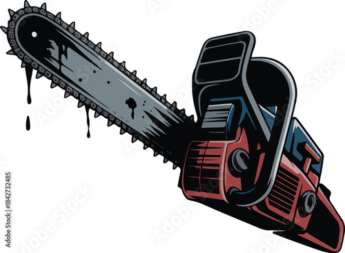 Vector illustration of a vintage metal chainsaw tool and a black steel locomotive engine equipment isolated on a white background as a plastic toy model for transport technology