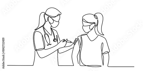 A continuous line art drawing of a medical professional giving a vaccine to a patient Vector, illustration