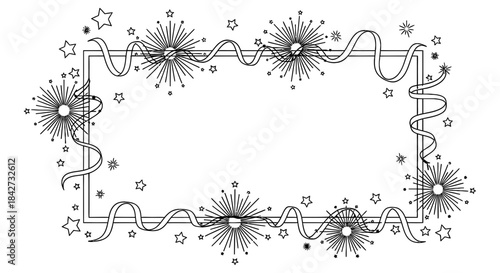 Decorative frame with fireworks bursts ribbons and scattered star embellishments