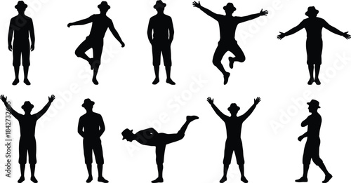 Dancing man silhouette collection, various expressive poses and movements with hat, energetic character illustration, isolated vector figures for choreography, performance and creative projects
