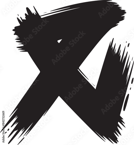 Black grunge X mark vector illustration with distressed brush strokes for cancellation or deletion symbol