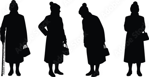 Elderly woman silhouette set, standing with cane, holding handbag, various poses of senior female figure, isolated vector illustration for design