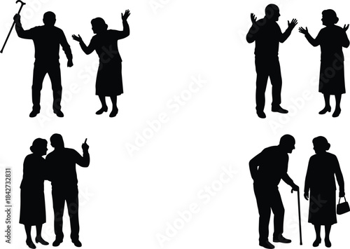 Elderly couple silhouette set, arguing and conversing in various poses, senior man and woman interaction illustration, isolated vector figures for communication and relationship themes