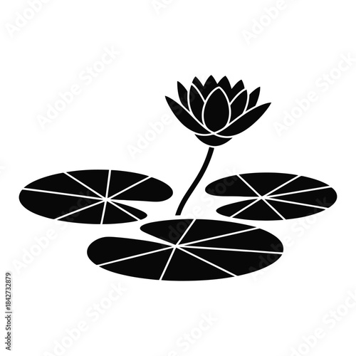 Beautiful black silhouette of a single water lily flower with three floating pads on a transparent background illustrating serene pond life