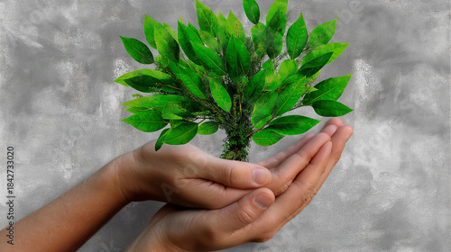 Tree growing from hands, symbolizing harmony, stencil style, distressed eco-themed writing