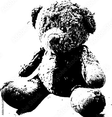 Vintage Worn Teddy Bear Plush in Xerography Halftone Style, Retro Dark Childhood Illustration on Transparent Background