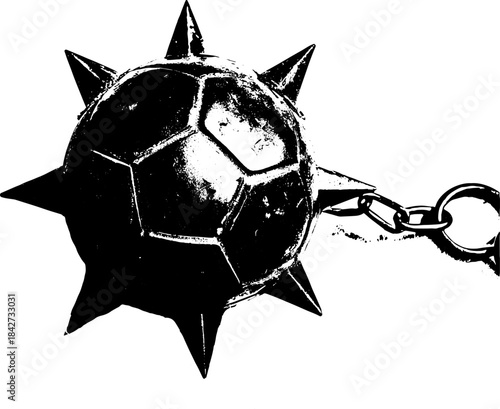 Vintage Spiked Ball Weapon Silhouette in Xerography Halftone Style, Retro Medieval Chain Flail Illustration on Transparent Background