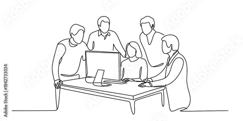 A continuous line drawing illustrating a group of colleagues collaborating around a computer desk Vector, illustration