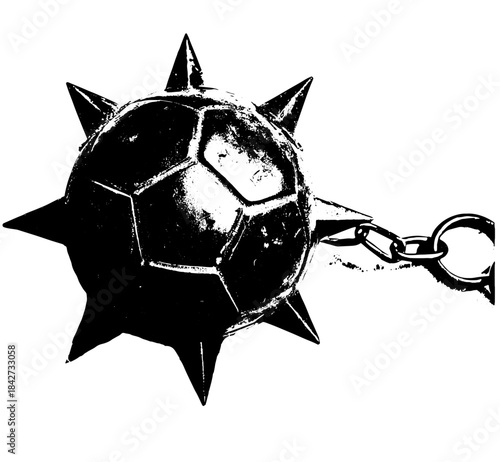 Vintage Spiked Ball Weapon Silhouette in Xerography Halftone Style, Retro Medieval Chain Flail Illustration on Transparent Background