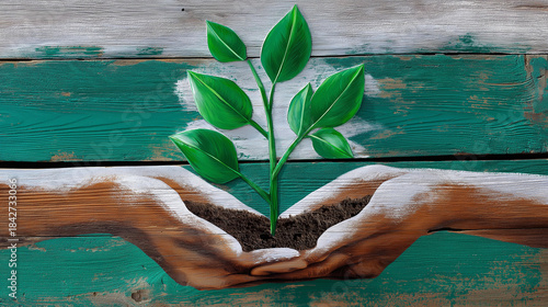 Tree growing from hands, symbolizing harmony, stencil style, distressed eco-themed writing