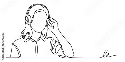 Single continuous line drawing of a person listening to music on headphones Vector, illustration