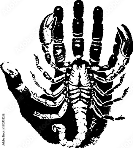 Vintage Skeleton Hand Silhouette in Xerography Halftone Style, Retro Anatomical Palm Illustration on Transparent Background