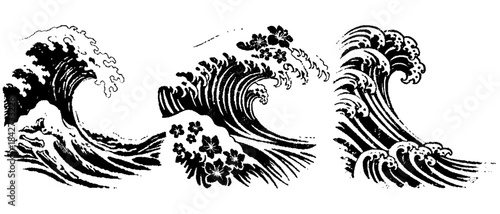 Vintage Ocean Wave Collection in Xerography Halftone Style, Retro Sea Motion Illustration on Transparent Background