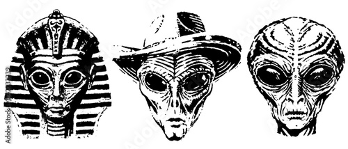 Vintage Alien and Ancient Mask Heads in Xerography Halftone Style, Retro Sci-Fi and Occult Illustration on Transparent Background