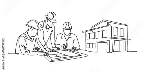 A team of architects and engineers reviewing building plans for a construction project Vector, illustration