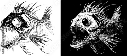 Vintage Fish Skeleton Engraving, Inverted Black White Xerography Vector for Laser Engraving on Dark Background