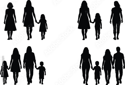 Family walking silhouette set, mothers holding children’s hands, parents and kids walking forward together, isolated vector illustration for parenting, lifestyle and family relationship themes