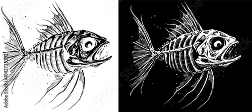 Vintage Fish Skeleton Engraving, Inverted Black White Xerography Vector for Laser Engraving on Dark Background