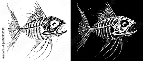 Vintage Fish Skeleton Engraving, Inverted Black White Xerography Vector for Laser Engraving on Dark Background