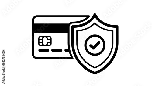 Black and white vector icon depicting a credit or debit card with an EMV chip, shielded by a security shield with a checkmark in the center. It represents payment security, financial data protection.
