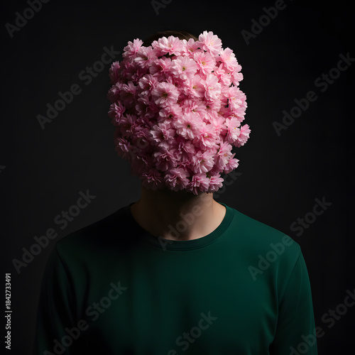 Man with his face obscured by blooming pink cherry blossoms
