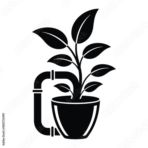 Black silhouette of a potted plant connected to a watering pipe system, illustrating sustainable irrigation and plant care, isolated on transparent background