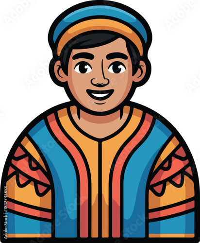 Smiling man in traditional costume vector illustration isolated on black background for cultural themes