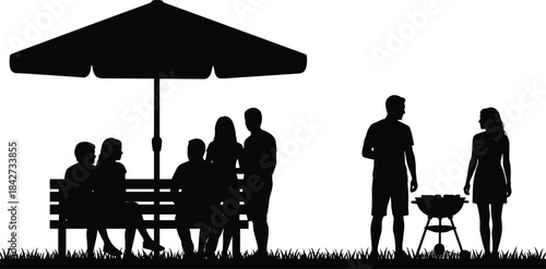 Outdoor picnic gathering silhouette under umbrella, people sitting and standing, summer barbecue scene with friends relaxing, cooking on grill in park setting