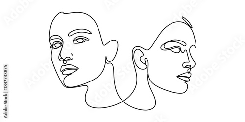 Minimalist continuous line art drawing of two abstract faces on a white background Vector, illustration
