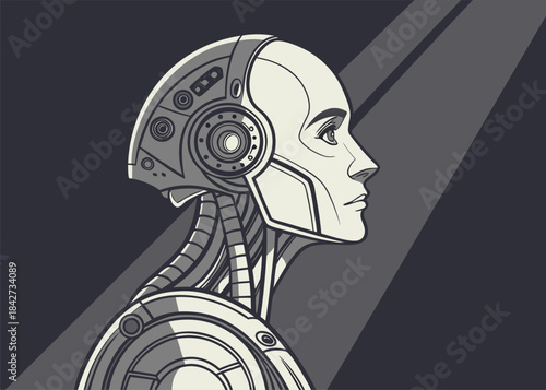 Stunning profile of an elegant android woman contemplating the future under dramatic spotlight illumination