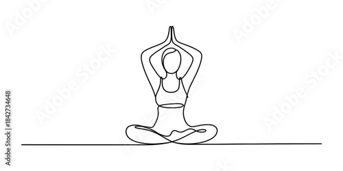 Single line art illustration of a person practicing yoga and meditation in a peaceful pose Vector, illustration