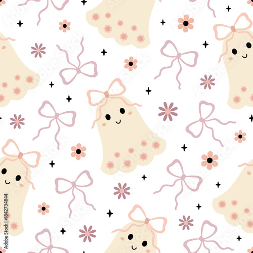 Coquette Ghost Halloween Seamless Pattern. Cute Girly Halloween Print. Spooky Season Background in Cartoon Style