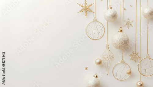Beige Christmas Background with Hanging Gold Ornaments — Space for Elegant