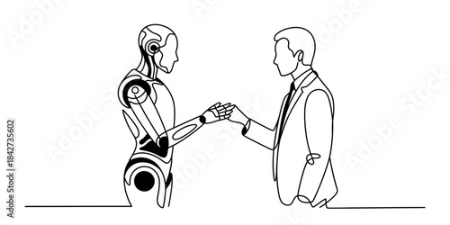 A continuous line drawing illustrating the partnership between a robot and a human businessman Vector, illustration